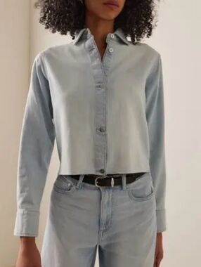 DL1961 Light Wash Cropped Button-Front Denim Shirt